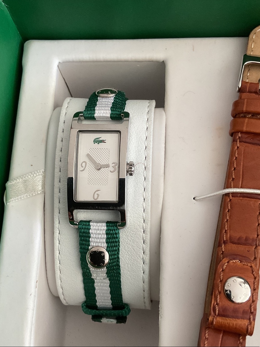 Lacoste Green & White Stripe Ladies Rectangular Dial Watch